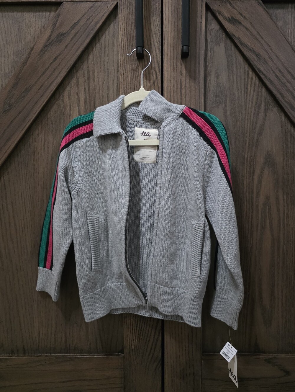 NWT Tea Collection Gray Zip-Up Kids Jacket with Green and Pink Stripe